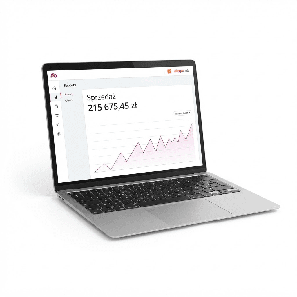 Laptop z panelem Allegro ADS, rosnącym wykresem i wartością sprzedaży 215 675,45 zł